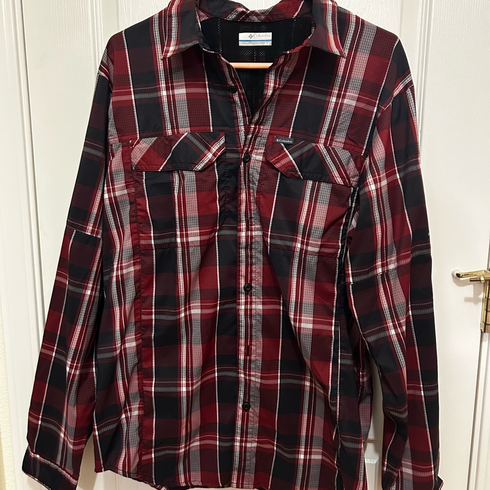 Columbia Red and Black Plaid Casual Button Down Shirt